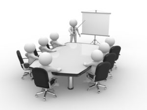 3d people - human character, person at conference table and a flipchart . 3d render